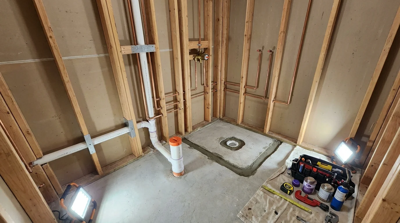 Bathroom rough-in plumbing during remodel by Johns Plumbing LLC in Franksville