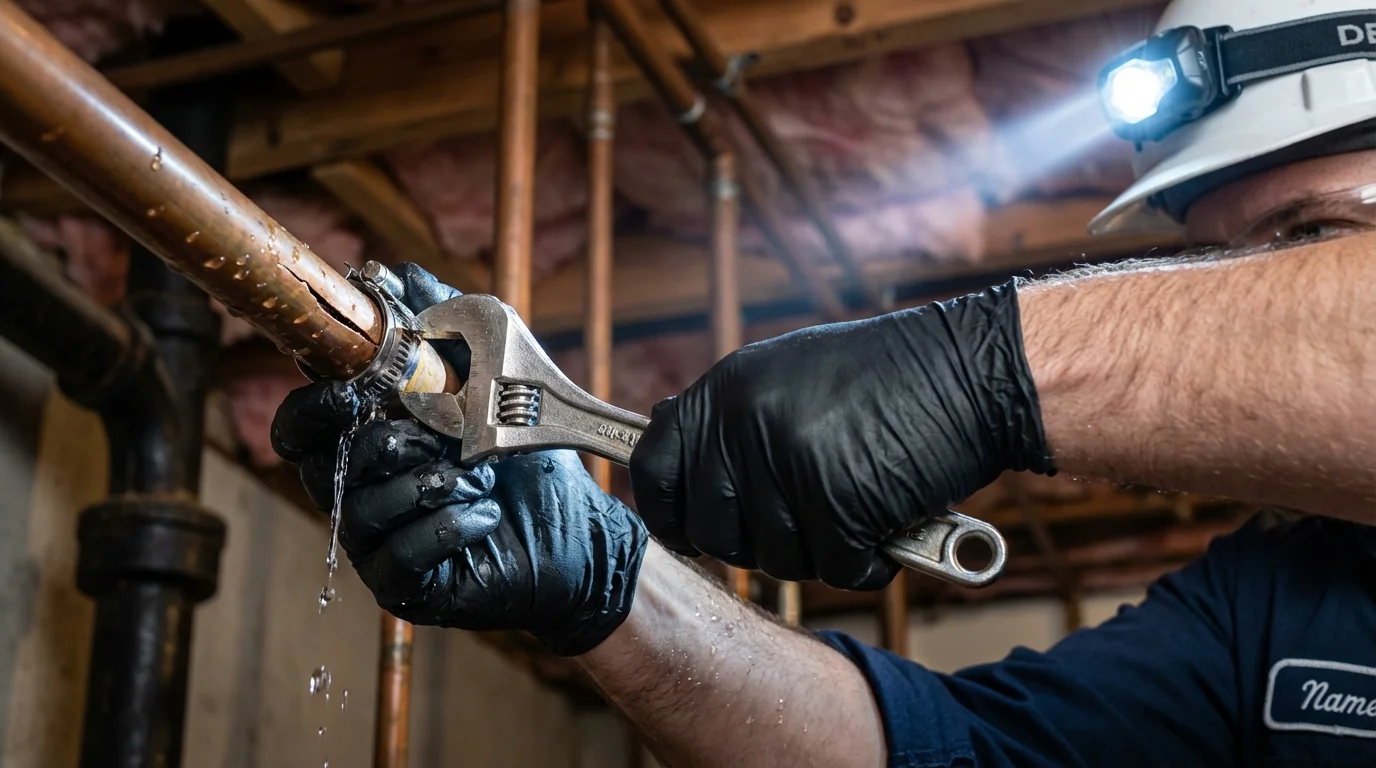Emergency pipe clamp repair being performed by a Johns Plumbing LLC plumber in Franksville