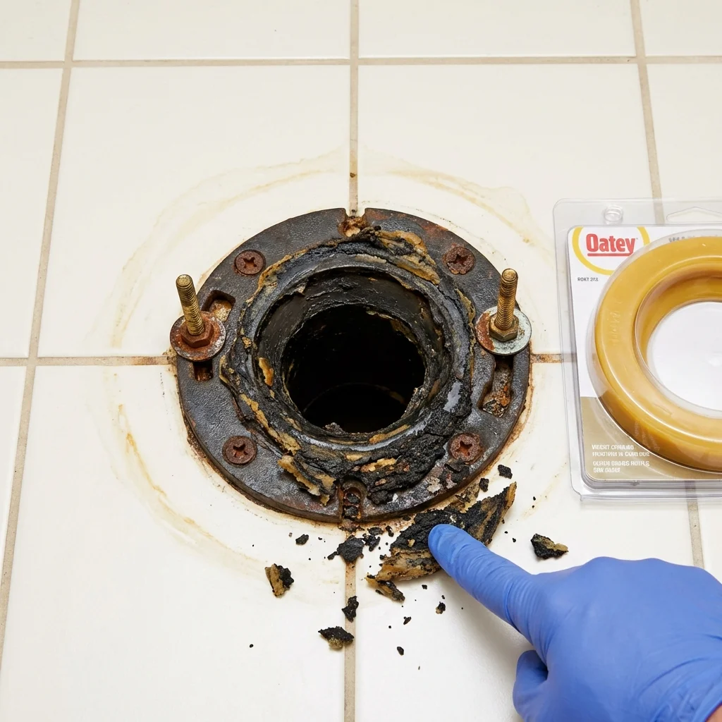Failed wax ring showing water seepage at the base of a toilet in a Franksville, WI home