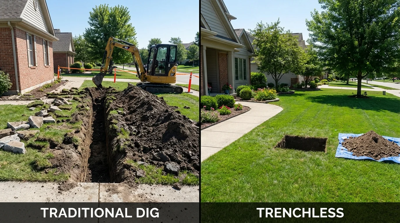 Trenchless sewer repair with minimal yard damage versus traditional excavation in Franksville, WI