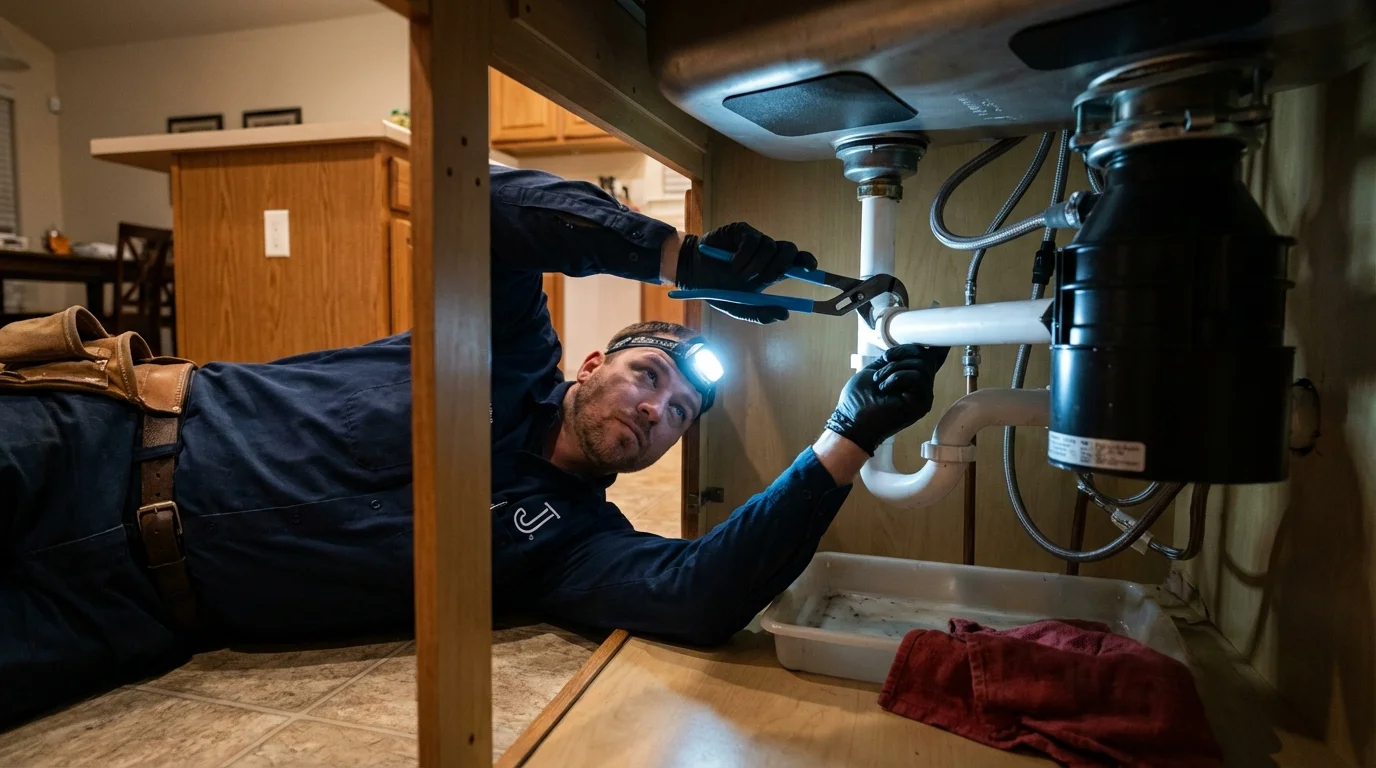 P-trap and supply line connections under a kitchen sink showing a common leak point in Franksville, WI